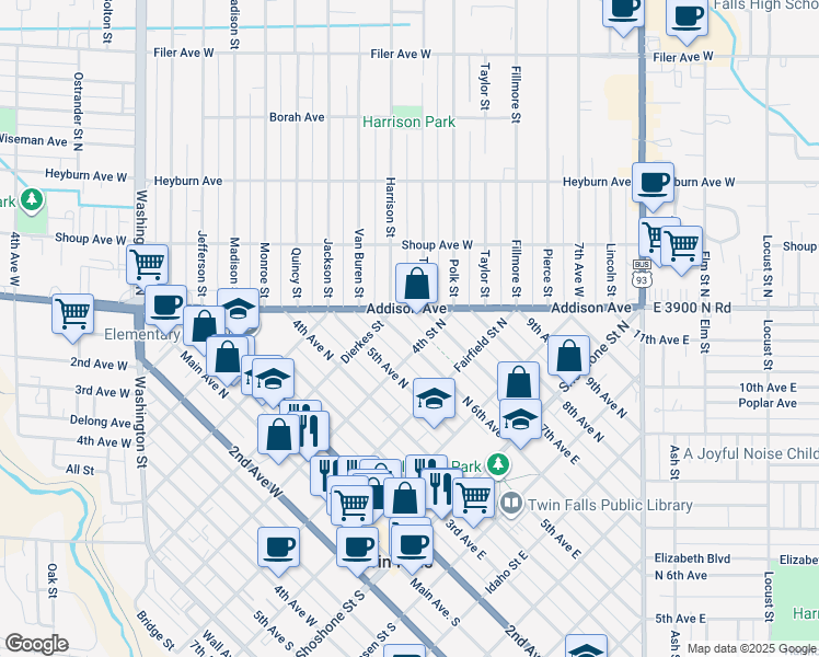 map of restaurants, bars, coffee shops, grocery stores, and more near 430 6th Avenue North in Twin Falls