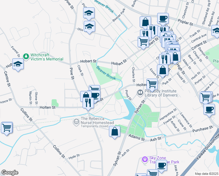 map of restaurants, bars, coffee shops, grocery stores, and more near 12 Braman Street in Danvers