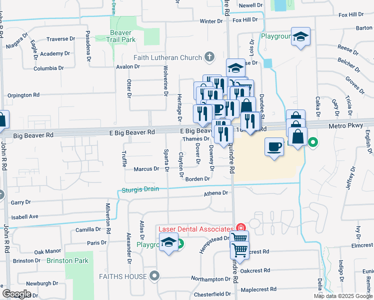 map of restaurants, bars, coffee shops, grocery stores, and more near 2828 Clayton Court in Troy