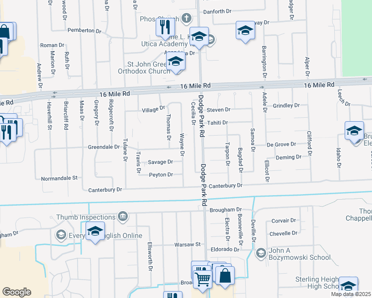 map of restaurants, bars, coffee shops, grocery stores, and more near 36470 Wayne Drive in Sterling Heights