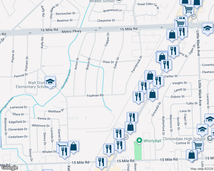 map of restaurants, bars, coffee shops, grocery stores, and more near 36087 Eaton Drive in Clinton Township