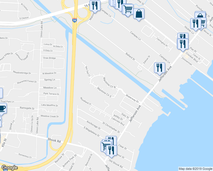 map of restaurants, bars, coffee shops, grocery stores, and more near 25826 Maritime Circle North in Harrison charter Township