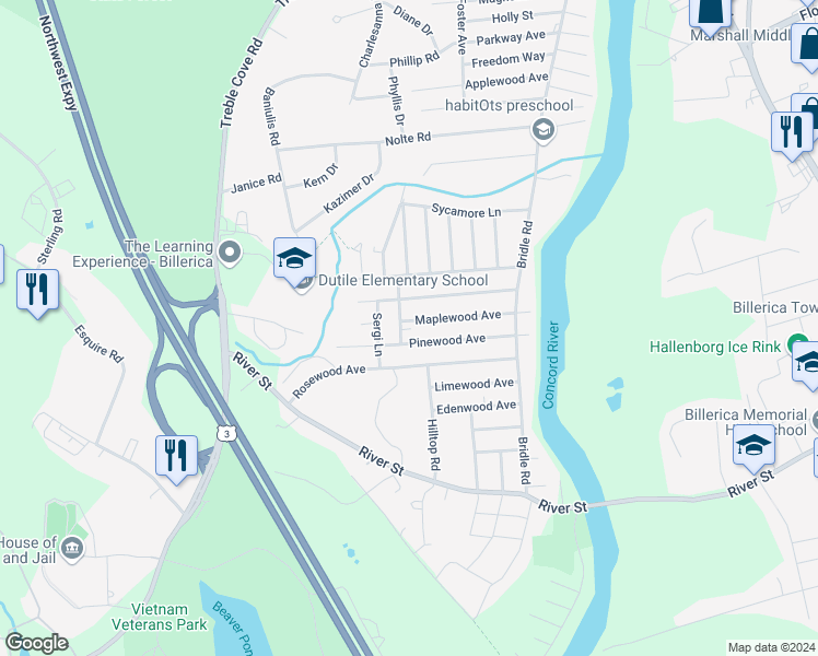 map of restaurants, bars, coffee shops, grocery stores, and more near 1 Edgewood Road in Billerica
