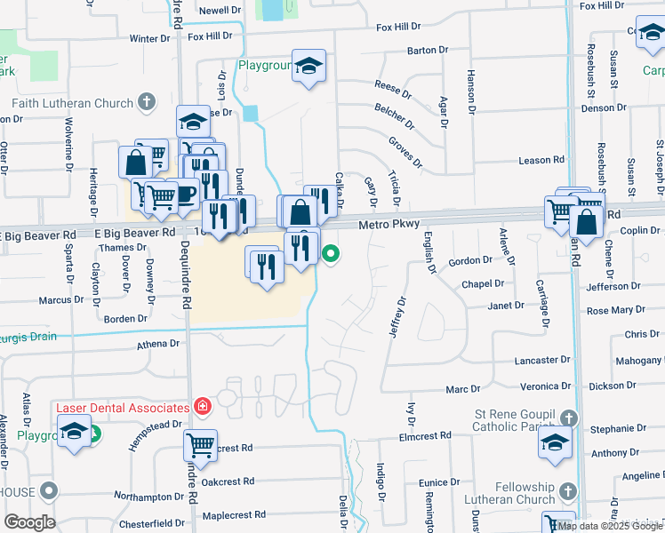 map of restaurants, bars, coffee shops, grocery stores, and more near 2666 Metro Parkway in Sterling Heights