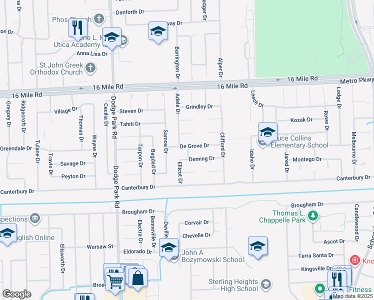 map of restaurants, bars, coffee shops, grocery stores, and more near in Sterling Heights