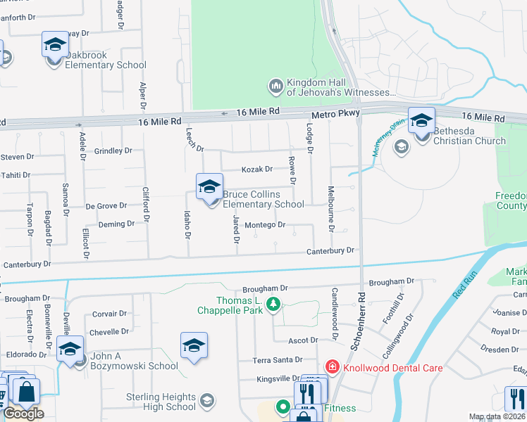 map of restaurants, bars, coffee shops, grocery stores, and more near 13228 Boca Grande Drive in Sterling Heights