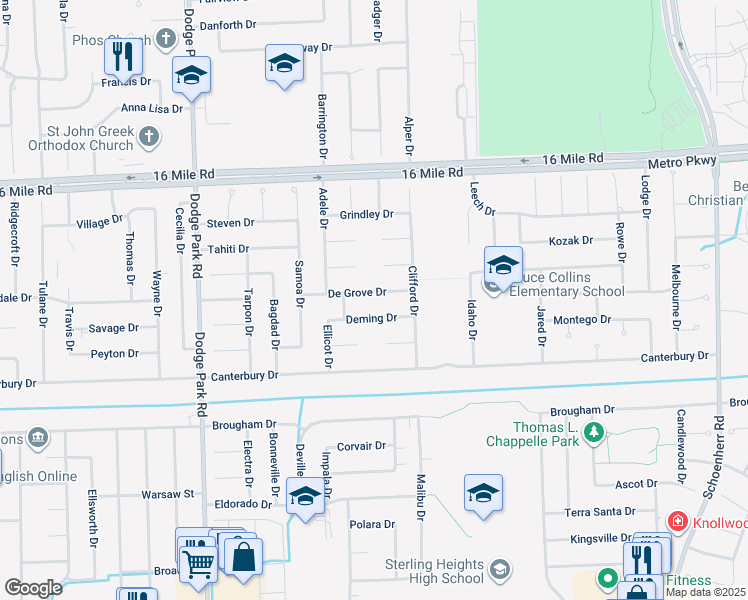 map of restaurants, bars, coffee shops, grocery stores, and more near 12352 De Grove Drive in Sterling Heights