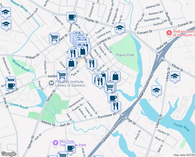 map of restaurants, bars, coffee shops, grocery stores, and more near 61 High Street in Danvers