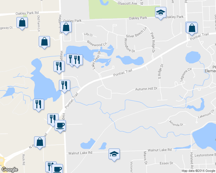 map of restaurants, bars, coffee shops, grocery stores, and more near 7565 Windgate Circle in West Bloomfield Township