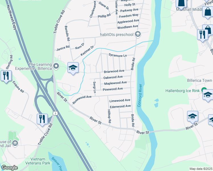 map of restaurants, bars, coffee shops, grocery stores, and more near 38 Maplewood Avenue in Billerica