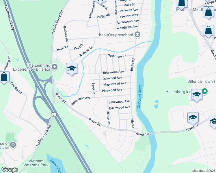 map of restaurants, bars, coffee shops, grocery stores, and more near 38 Maplewood Avenue in Billerica