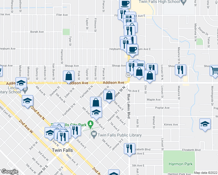 map of restaurants, bars, coffee shops, grocery stores, and more near 159 10th Avenue North in Twin Falls