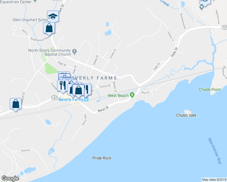 map of restaurants, bars, coffee shops, grocery stores, and more near 11 Beach Street in Beverly