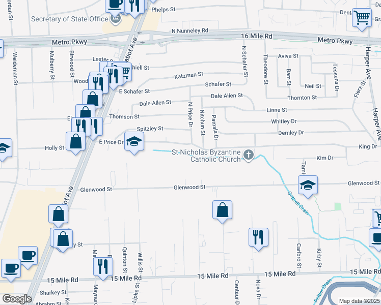 map of restaurants, bars, coffee shops, grocery stores, and more near 22626 East Price Drive in Clinton Township