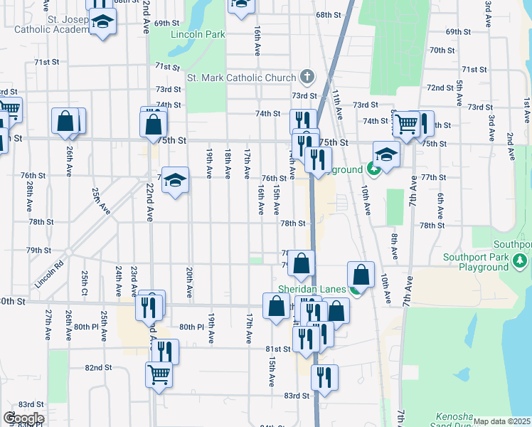 map of restaurants, bars, coffee shops, grocery stores, and more near 7725 16th Avenue in Kenosha