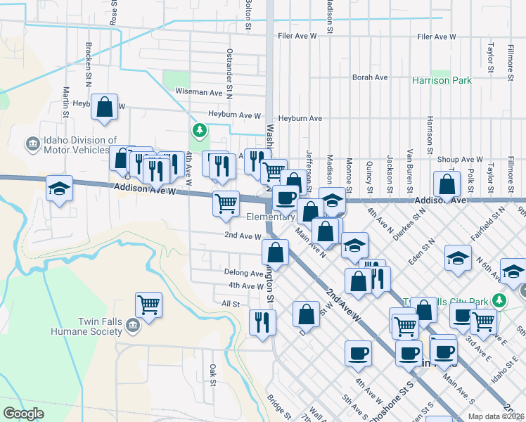map of restaurants, bars, coffee shops, grocery stores, and more near 120 2900 East Road in Twin Falls