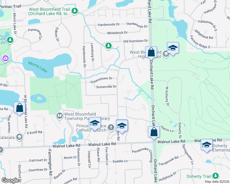 map of restaurants, bars, coffee shops, grocery stores, and more near 5285 Hardwoods Drive in West Bloomfield Township