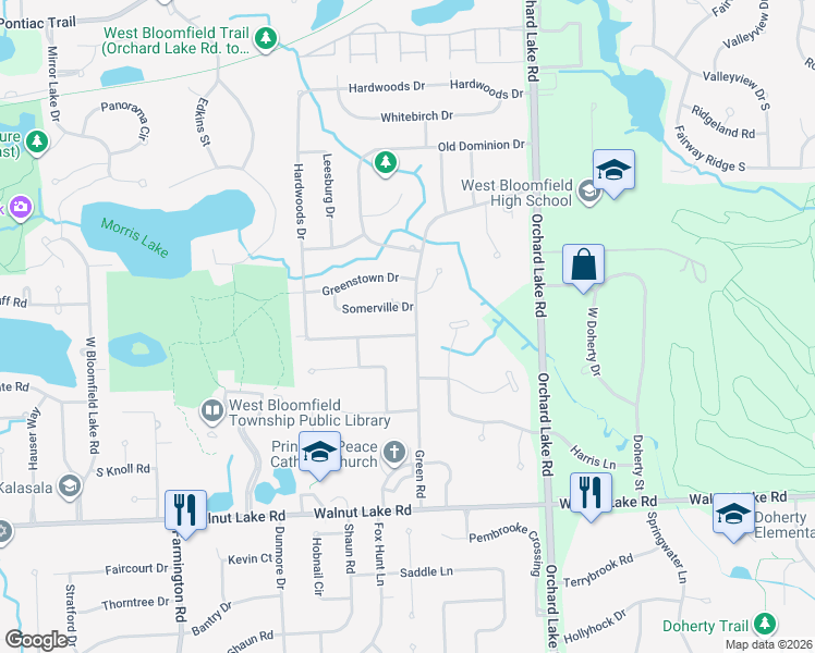 map of restaurants, bars, coffee shops, grocery stores, and more near 5285 Hardwoods Drive in West Bloomfield Township