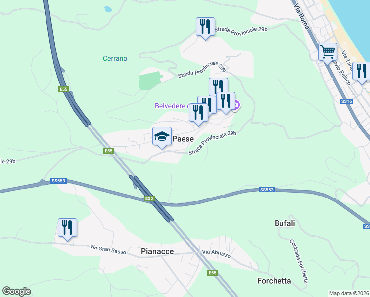 map of restaurants, bars, coffee shops, grocery stores, and more near 22 Via San Lucia in Silvi Paese