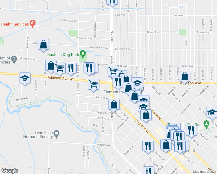 map of restaurants, bars, coffee shops, grocery stores, and more near 843 Main Avenue West in Twin Falls