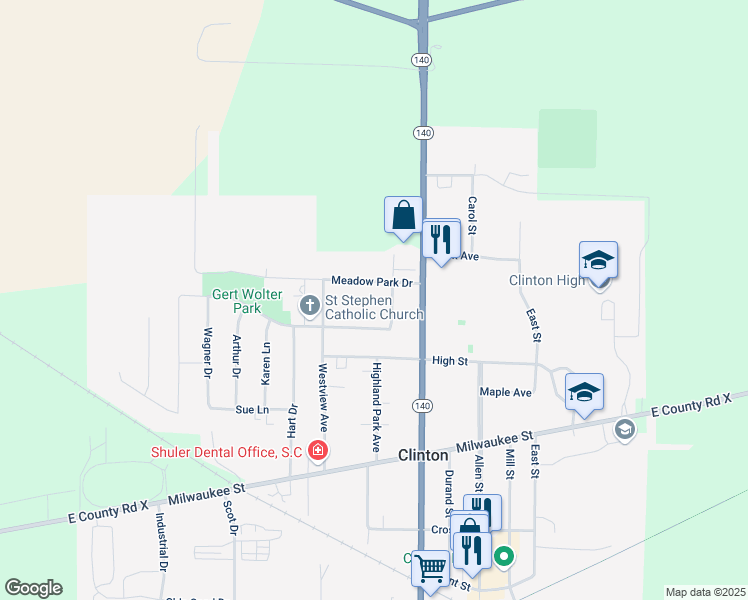 map of restaurants, bars, coffee shops, grocery stores, and more near 703 Meadow Park Drive in Clinton