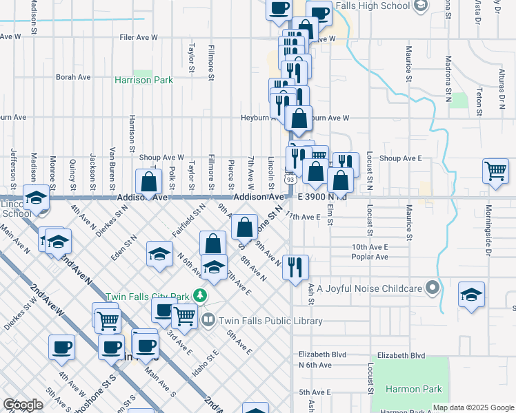 map of restaurants, bars, coffee shops, grocery stores, and more near 136 10th Avenue North in Twin Falls
