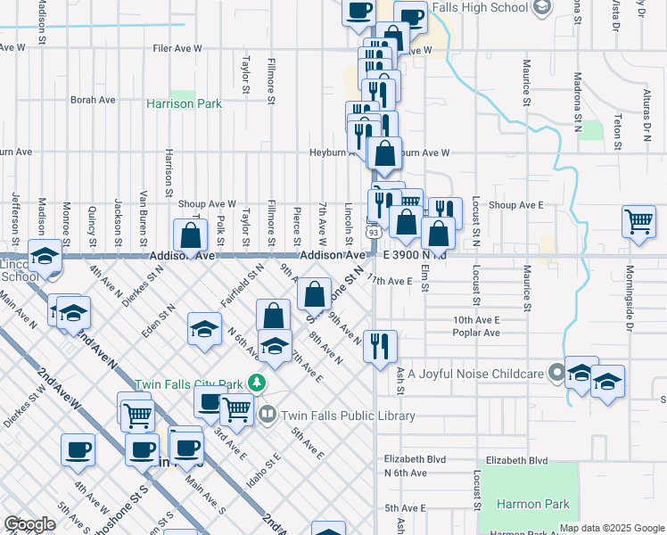 map of restaurants, bars, coffee shops, grocery stores, and more near 136 10th Avenue North in Twin Falls