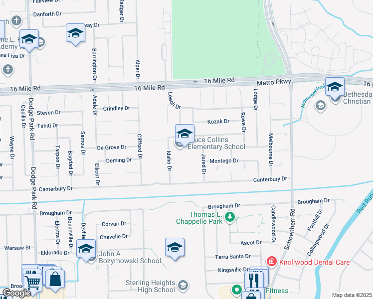 map of restaurants, bars, coffee shops, grocery stores, and more near 12900 Grand Haven Drive in Sterling Heights