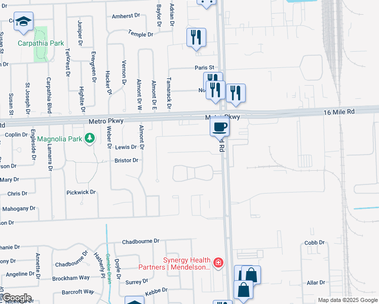 map of restaurants, bars, coffee shops, grocery stores, and more near 5560 Seabreeze Lane in Sterling Heights