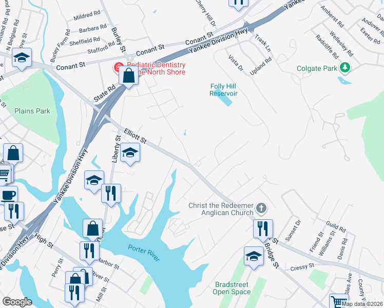 map of restaurants, bars, coffee shops, grocery stores, and more near 44 Foster Street in Danvers