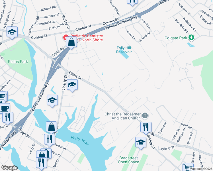 map of restaurants, bars, coffee shops, grocery stores, and more near 44 Foster Street in Danvers