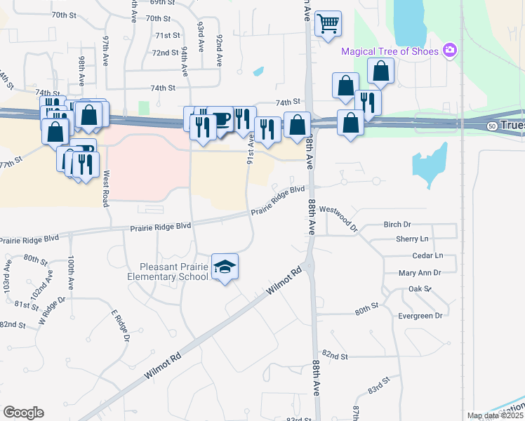 map of restaurants, bars, coffee shops, grocery stores, and more near 9651 Prairie Ridge Boulevard in Pleasant Prairie
