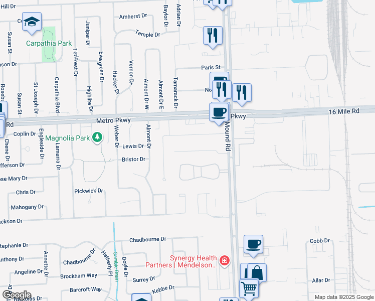 map of restaurants, bars, coffee shops, grocery stores, and more near 5560 Seabreeze Lane in Sterling Heights