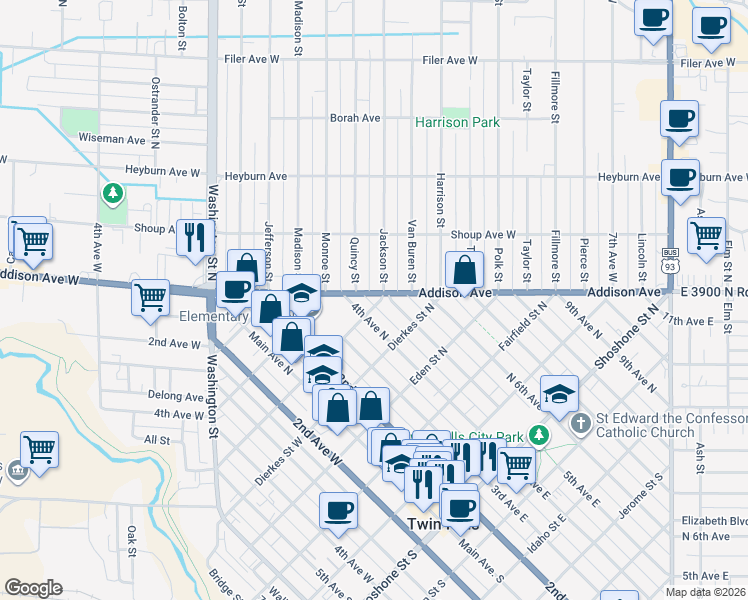 map of restaurants, bars, coffee shops, grocery stores, and more near 543 5th Avenue North in Twin Falls