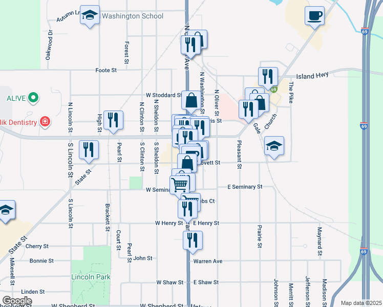 map of restaurants, bars, coffee shops, grocery stores, and more near 100-198 East Lovett Street in Charlotte
