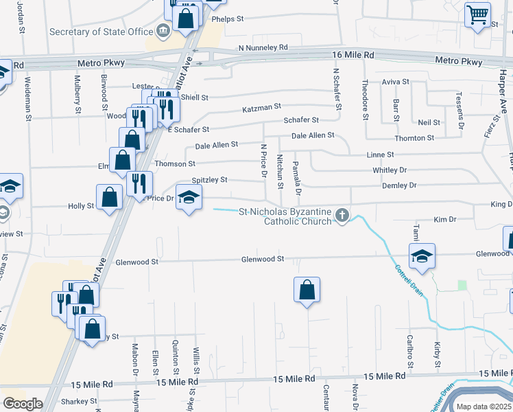 map of restaurants, bars, coffee shops, grocery stores, and more near 22626 East Price Drive in Macomb County