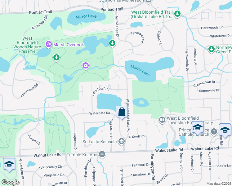 map of restaurants, bars, coffee shops, grocery stores, and more near 4949 Lake Bluff Road in West Bloomfield Township