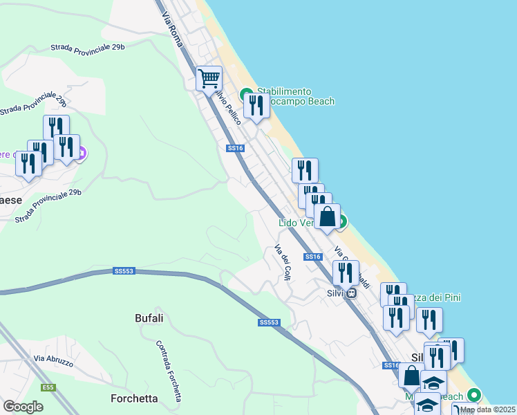 map of restaurants, bars, coffee shops, grocery stores, and more near 25 Contrada Stagliano in Silvi