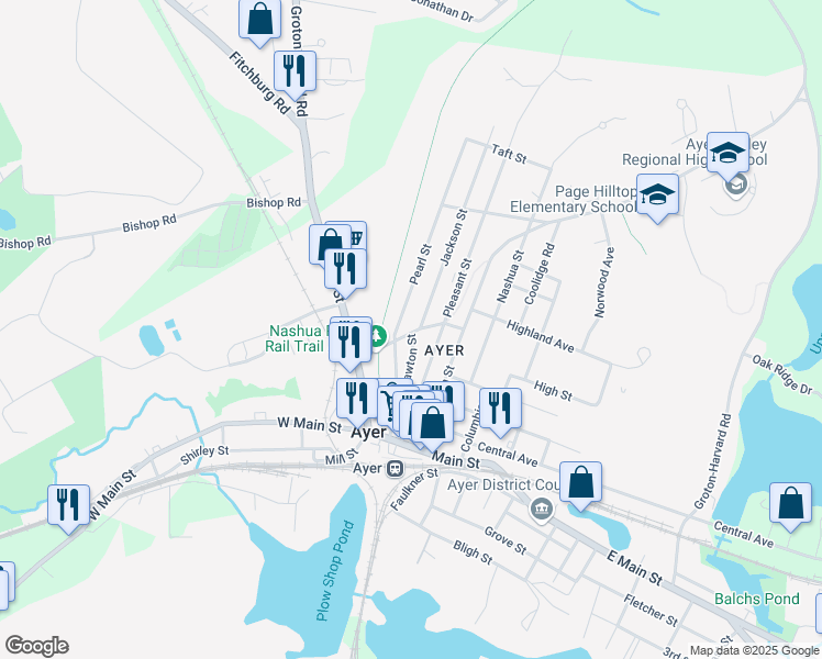 map of restaurants, bars, coffee shops, grocery stores, and more near 9 Pearl Street in Ayer