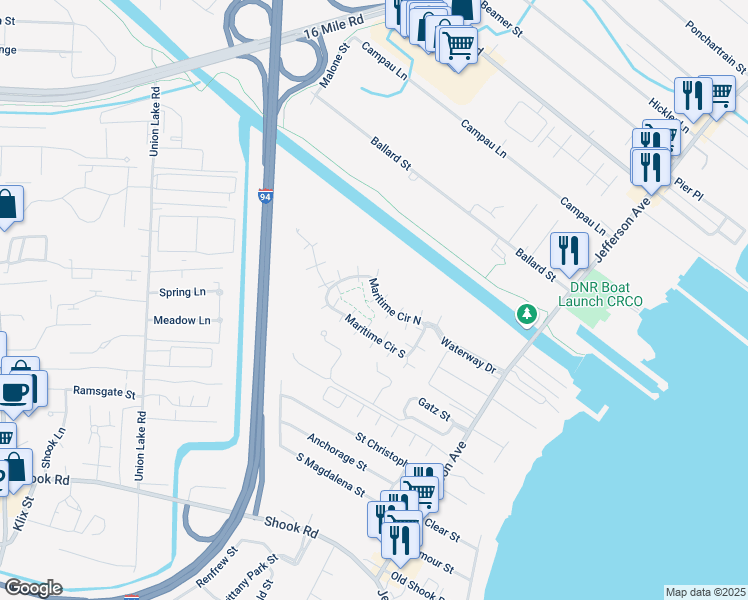 map of restaurants, bars, coffee shops, grocery stores, and more near 25826 Maritime Circle North in Harrison Township