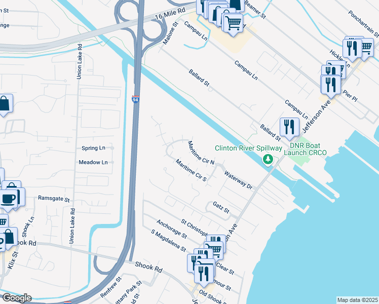 map of restaurants, bars, coffee shops, grocery stores, and more near 25826 Maritime Circle North in Harrison Township