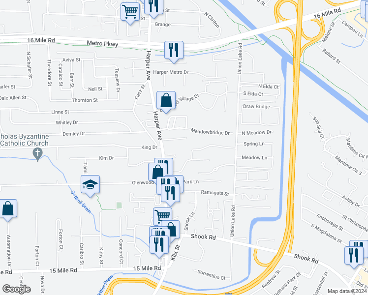 map of restaurants, bars, coffee shops, grocery stores, and more near 24237 Country Squire Street in Clinton Township