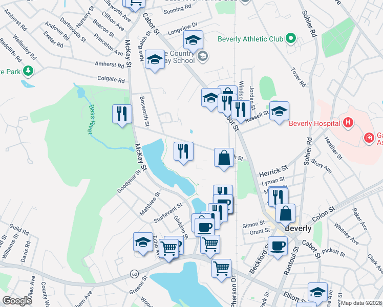 map of restaurants, bars, coffee shops, grocery stores, and more near 500 Cummings Center in Beverly