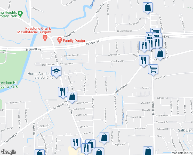 map of restaurants, bars, coffee shops, grocery stores, and more near 36126 Gloucester Trail in Clinton Township