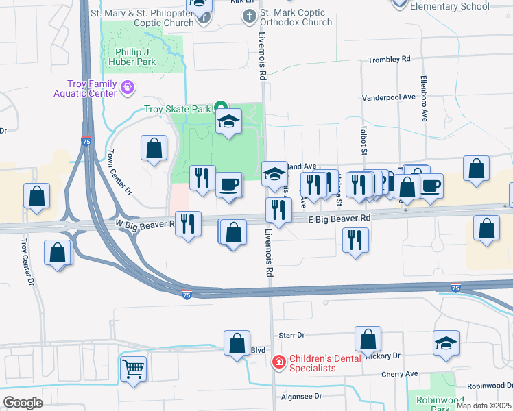map of restaurants, bars, coffee shops, grocery stores, and more near 50 West Big Beaver Road in Troy