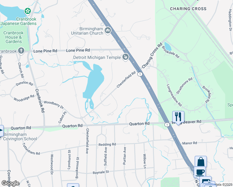 map of restaurants, bars, coffee shops, grocery stores, and more near 290 Chesterfield Road in Bloomfield Hills