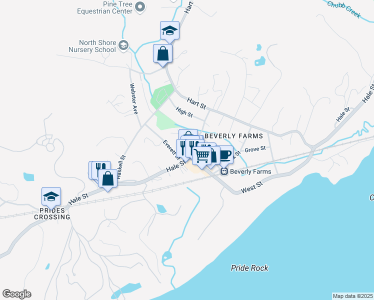 map of restaurants, bars, coffee shops, grocery stores, and more near 705 Hale Street in Beverly