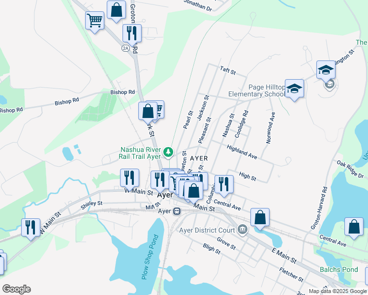 map of restaurants, bars, coffee shops, grocery stores, and more near 9 Pearl Street in Ayer