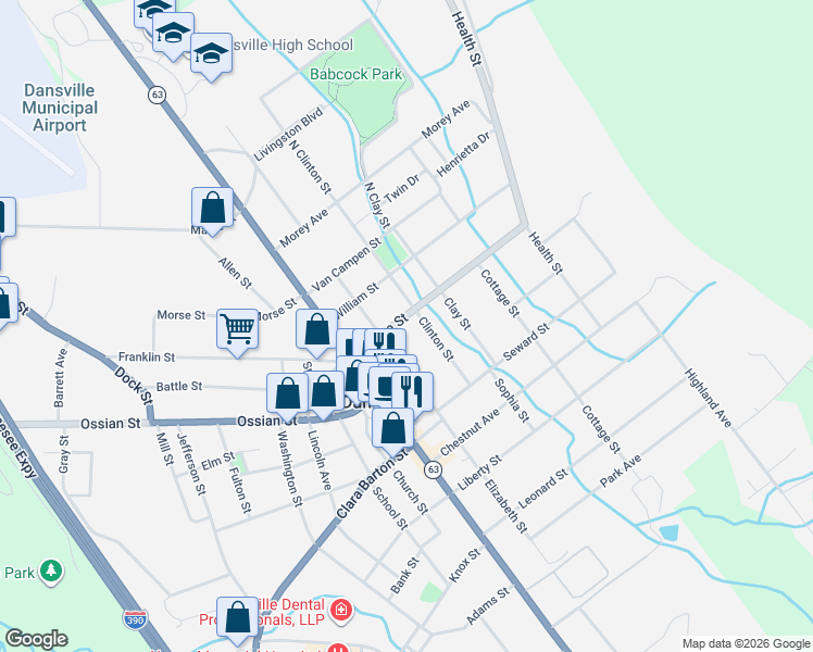 map of restaurants, bars, coffee shops, grocery stores, and more near 66 Elizabeth Street in Dansville