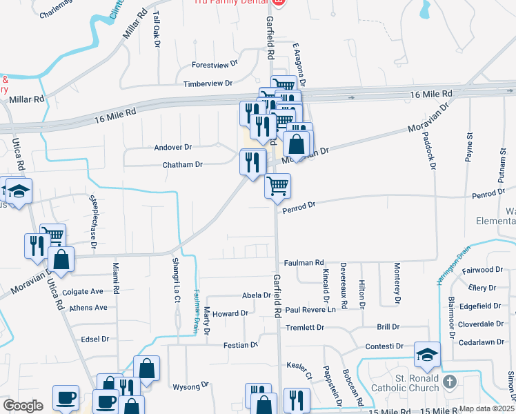 map of restaurants, bars, coffee shops, grocery stores, and more near 36201 Garfield Road in Clinton Township